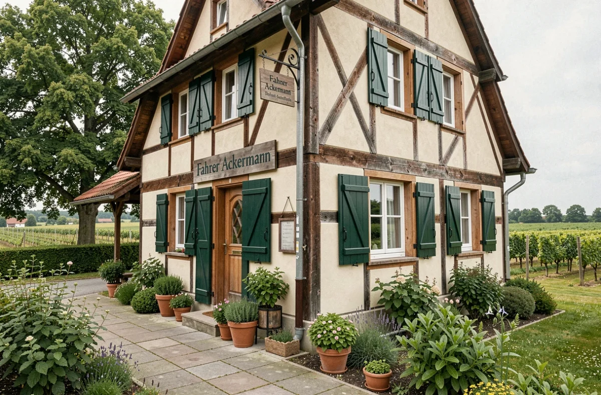 Extérieur de la chambre d'hôtes Fahrer Ackermann avec façade alsacienne à colombages et jardin soigné
