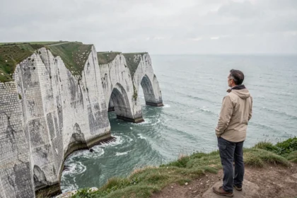 Touriste admirant les falaises d'Étretat et l'arche naturelle de la Porte d'Aval sur la côte d'Albâtre en Normandie