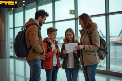 Famille souriante à l'aéroport prêt à voyager
