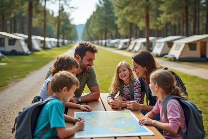 Famille de quatre souriante autour d'une carte en camping