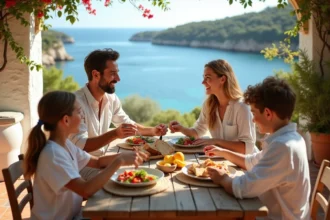 Famille en vacances déjeunant sur une terrasse méditerranéenne avec vue sur la mer bleue