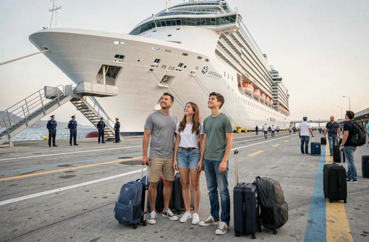 Famille embarquant sur un bateau de croisière au port du Pirée en Grèce