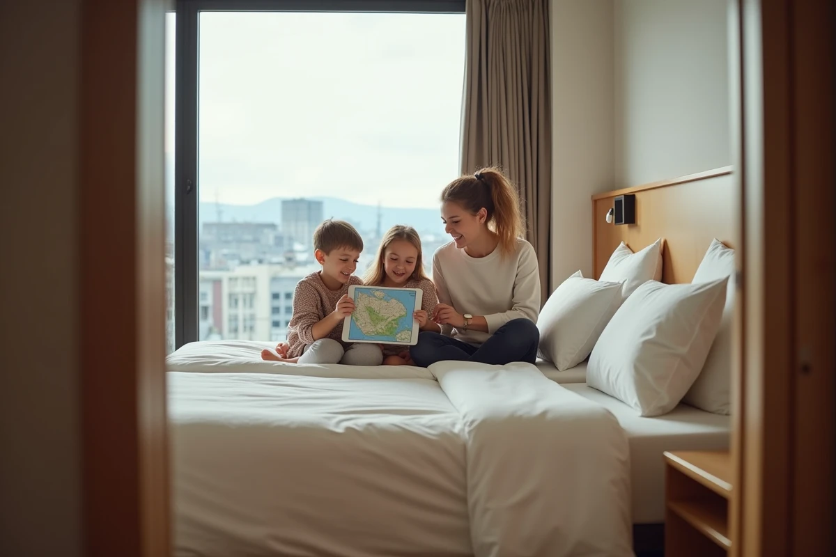 Mère et enfants se relaxant dans un hôtel confortable