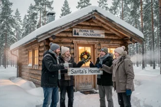 Famille devant la maison du père Noël à Rovaniemi en Laponie sous la neige