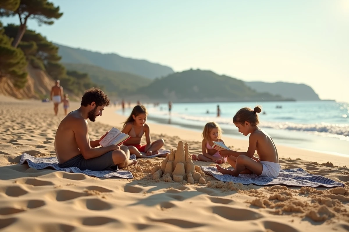 Famille détendue sur une plage de sable méditerranéenne construisant un château de sable en fin d'après-midi