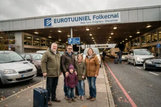 Famille avec bagages attendant à l'entrée du terminal Eurotunnel à Folkestone avant de traverser la Manche en train