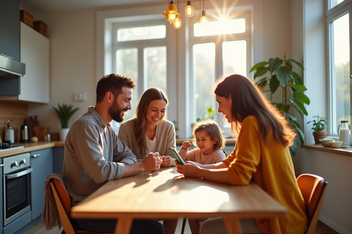 Famille utilisant bons de vacances sur smartphone dans cuisine Airbnb