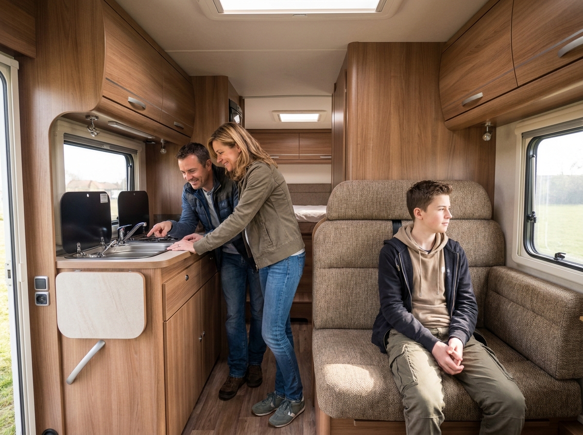 Famille visitant l'intérieur aménagé d'un camping-car lors d'un essai chez un concessionnaire