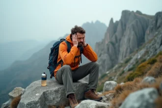 Randonneur épuisé mentalement assis sur un rocher granitique du GR20 en Corse, visage entre les mains, illustrant la fatigue mentale sur un sentier de haute montagne