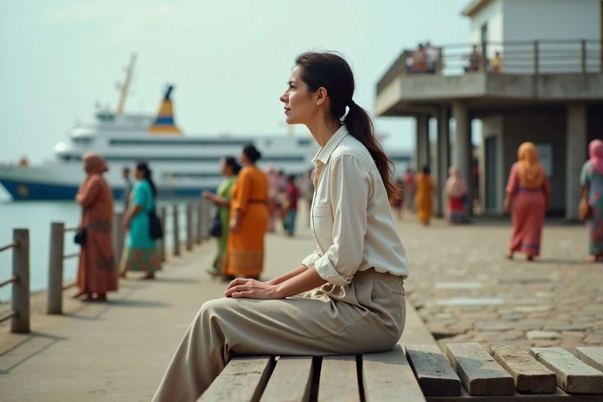 Femme assise au terminal de ferry en bord de mer