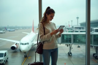 Femme en attente à l'aéroport de Charles de Gaulle