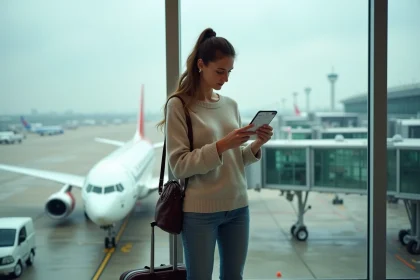 Femme en attente à l'aéroport de Charles de Gaulle