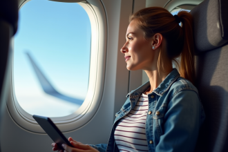 Jeune femme dans l'avion regardant par la fenetre