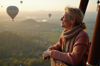 Femme d'âge moyen dans une montgolfière au lever du jour