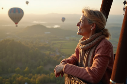 Femme d'âge moyen dans une montgolfière au lever du jour