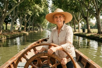 Femme à la barre d'une péniche sur le Canal du Midi entouré d'allées de platanes