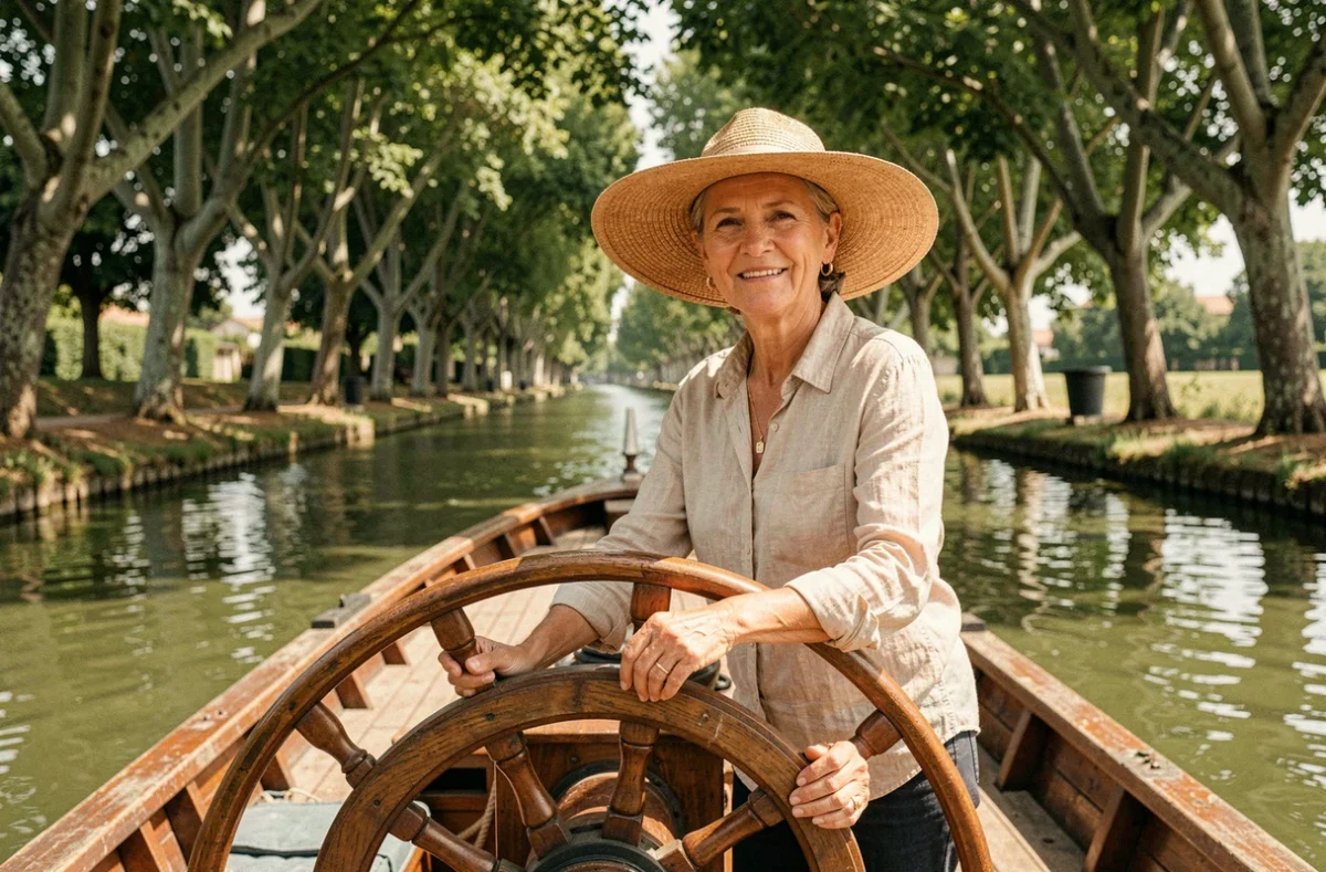Femme à la barre d'une péniche sur le Canal du Midi entouré d'allées de platanes