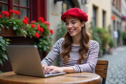 Femme souriante en beret rouge et chemise rayée au café basque