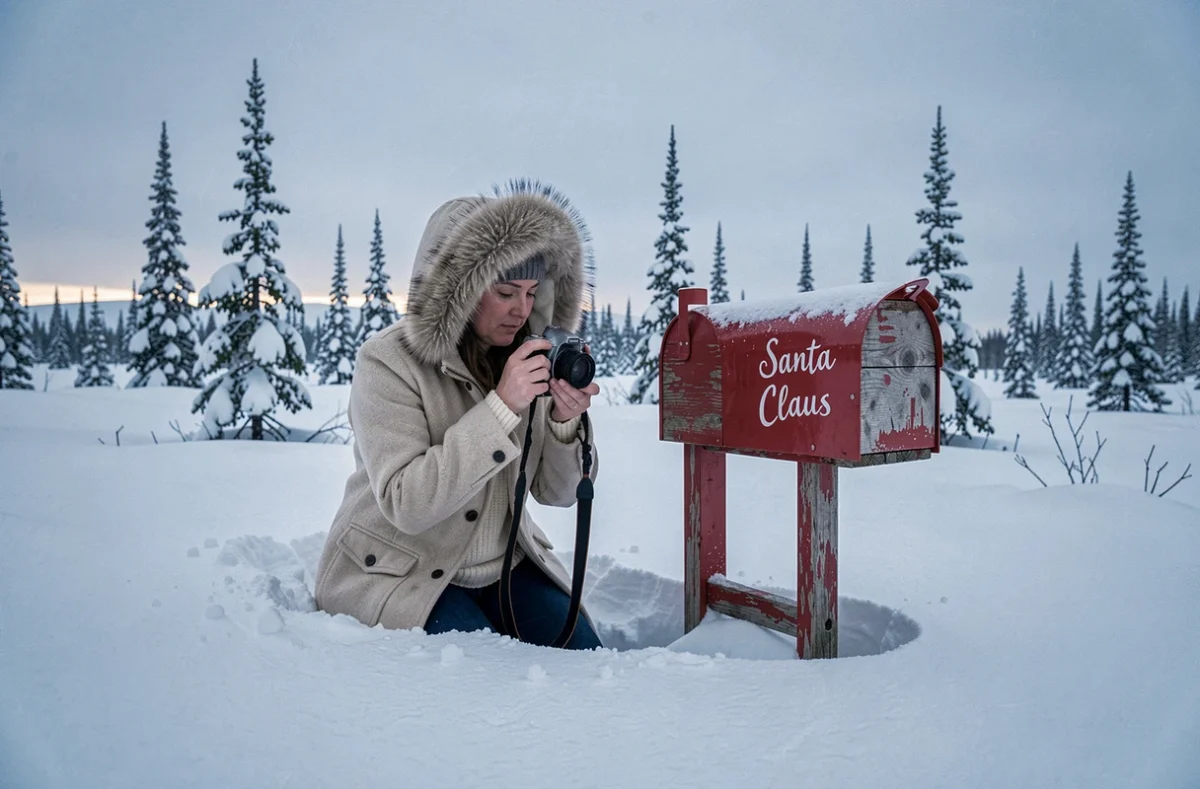 Femme photographiant la boîte aux lettres du père Noël dans un paysage enneigé de Laponie