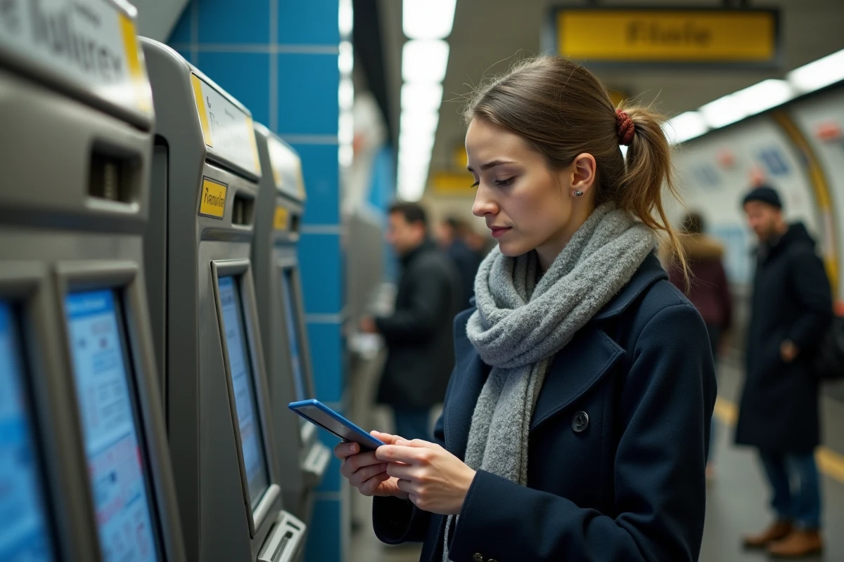 Femme consultant une borne Navigo dans une station de métro parisienne pour choisir ses zones d'abonnement