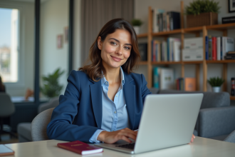 Jeune femme au bureau avec passeport et ordinateur