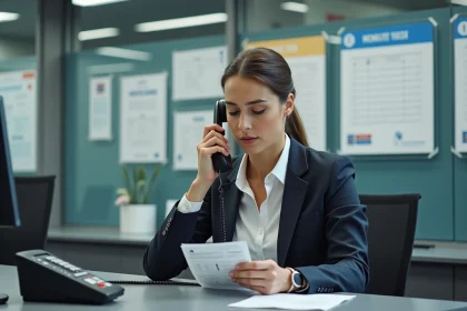 Femme en bureau sncf tenant un billet train et parlant au téléphone