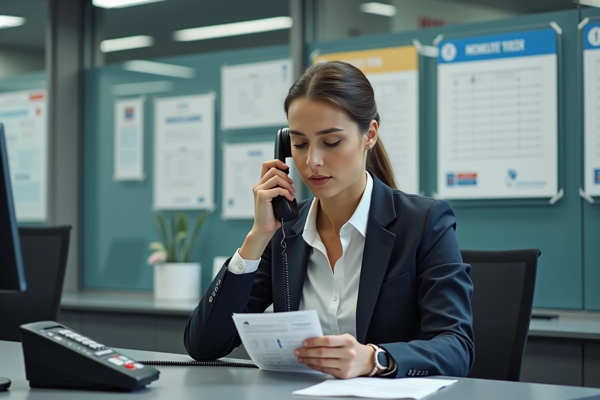 Femme en bureau sncf tenant un billet train et parlant au téléphone