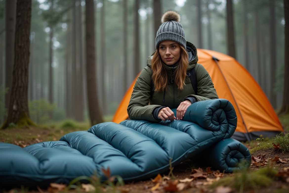 Jeune femme prépare son sac de couchage en forêt