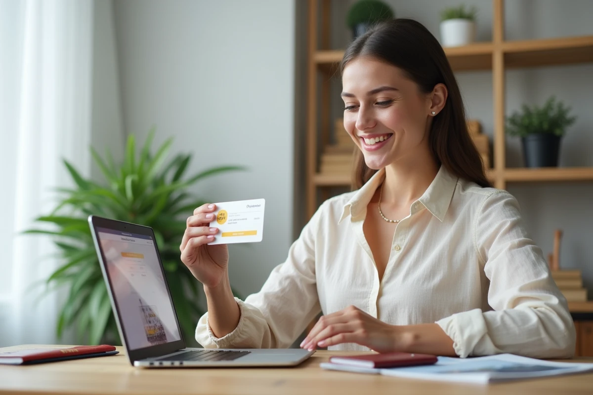 Femme tenant une carte cadeau voyage Selectour devant un bureau avec passeport et brochures de voyage