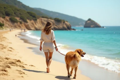 Femme se promenant avec son golden retriever en laisse sur une plage de sable fin avec des pointes rocheuses en arrière-plan