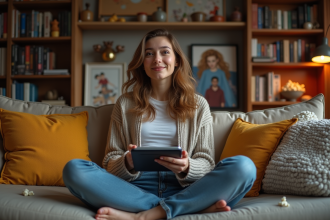 Jeune femme souriante avec DVD dans un salon cosy