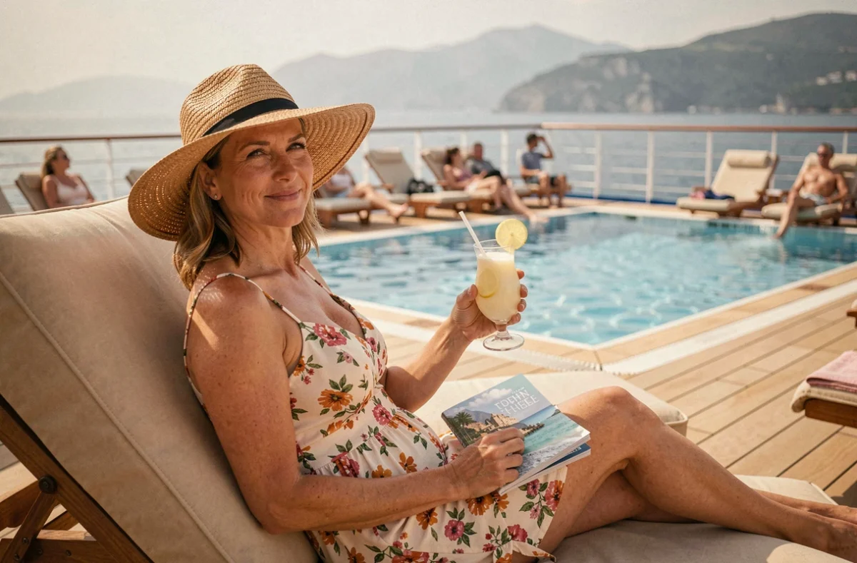 Femme se relaxant sur le pont piscine d'un bateau Club Med avec vue sur la côte méditerranéenne