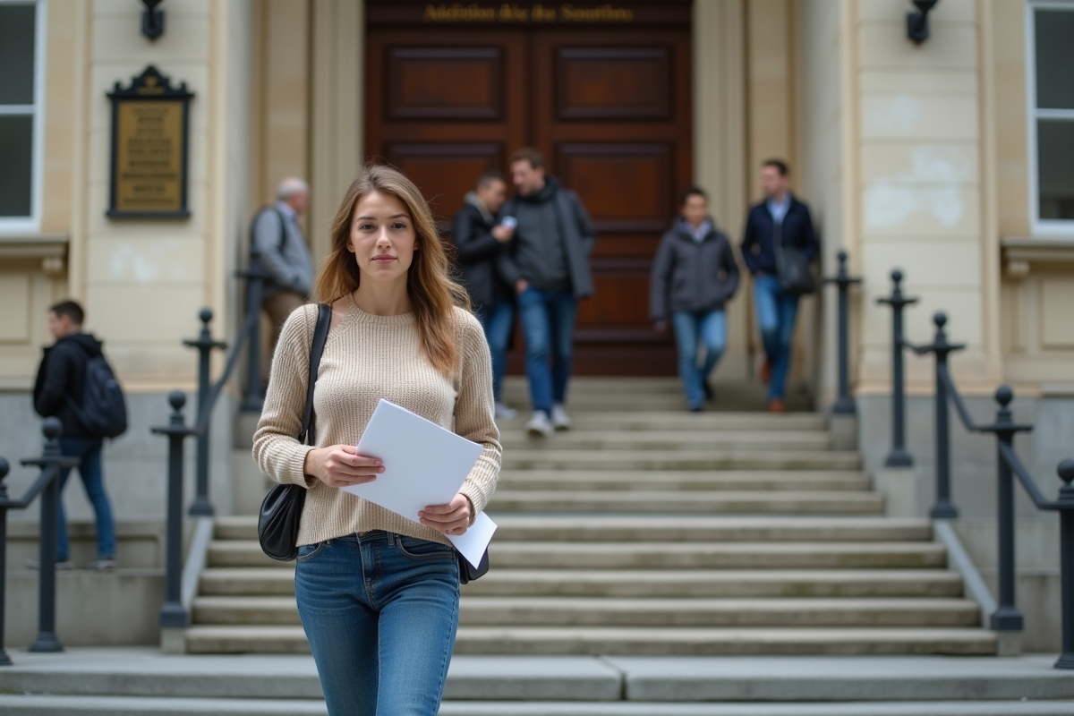 Jeune femme devant une mairie avec documents officiels