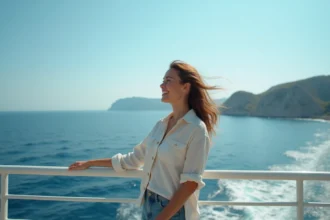 Jeune femme sur un ferry en Grèce regardant Karpathos