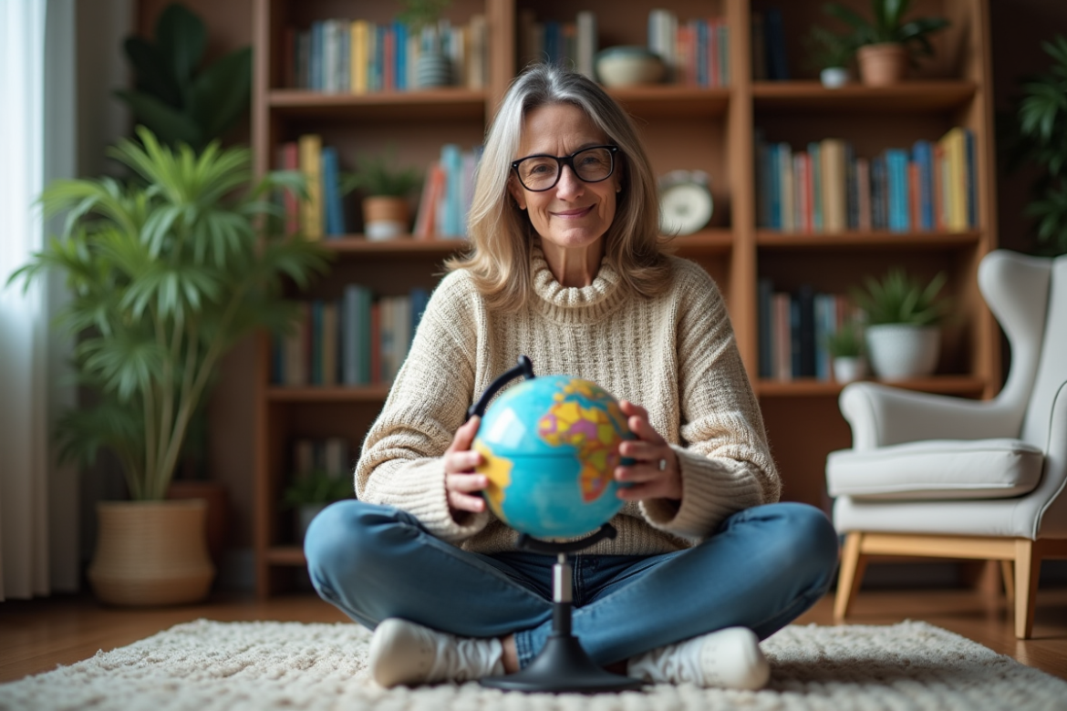 Femme assise avec un globe curieux dans un salon cosy