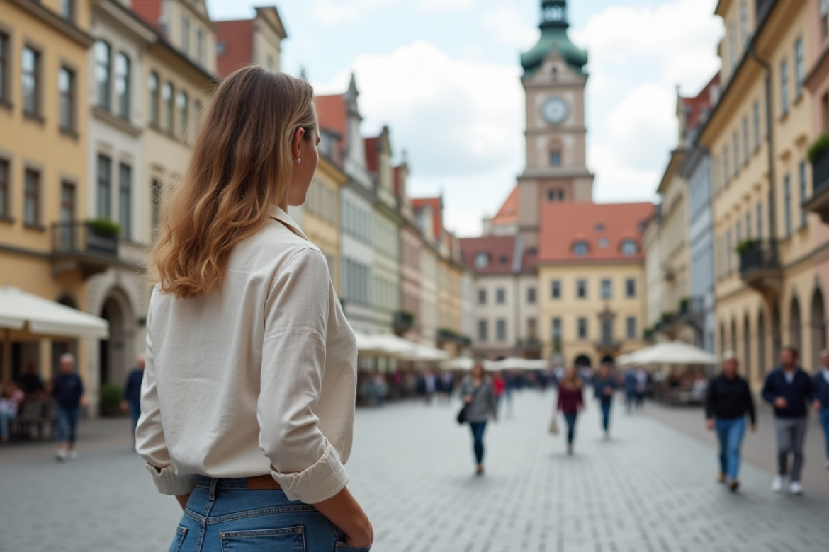 Femme regardant la ville de Graz depuis la place Hauptplatz