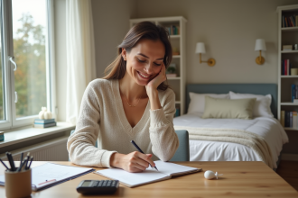 Femme souriante dans une chambre d'hôte lumineuse