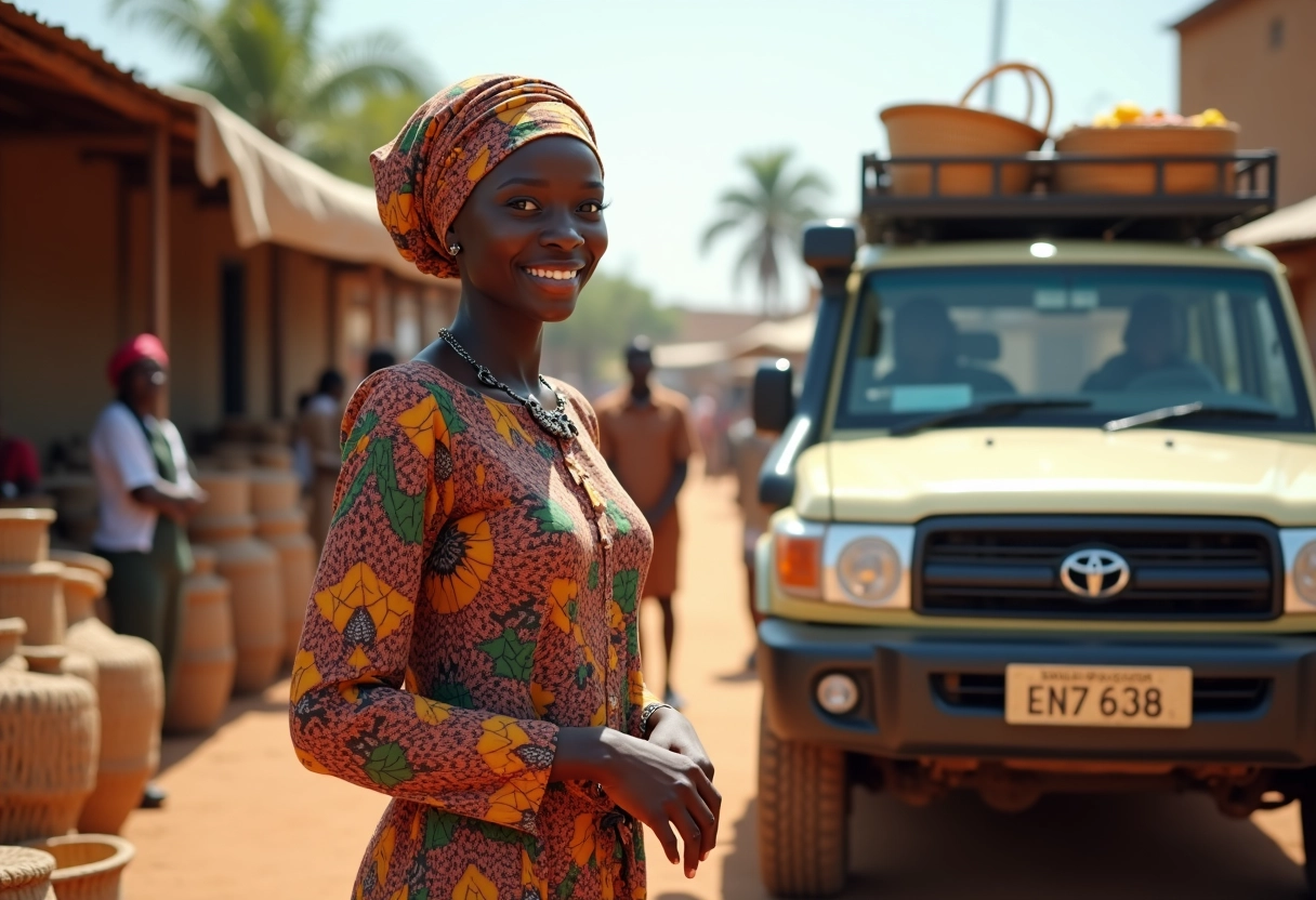 Jeune femme sud-soudanaise souriante guidant des voyageurs à Koriom