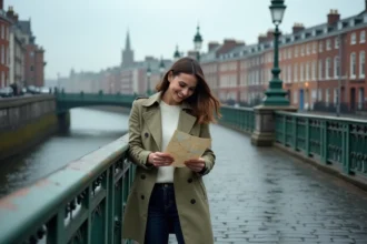 Jeune femme consultant une carte sur le Ha'penny Bridge à Dublin lors d'un premier séjour touristique
