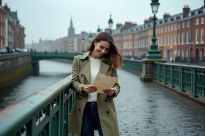 Jeune femme consultant une carte sur le Ha'penny Bridge à Dublin lors d'un premier séjour touristique