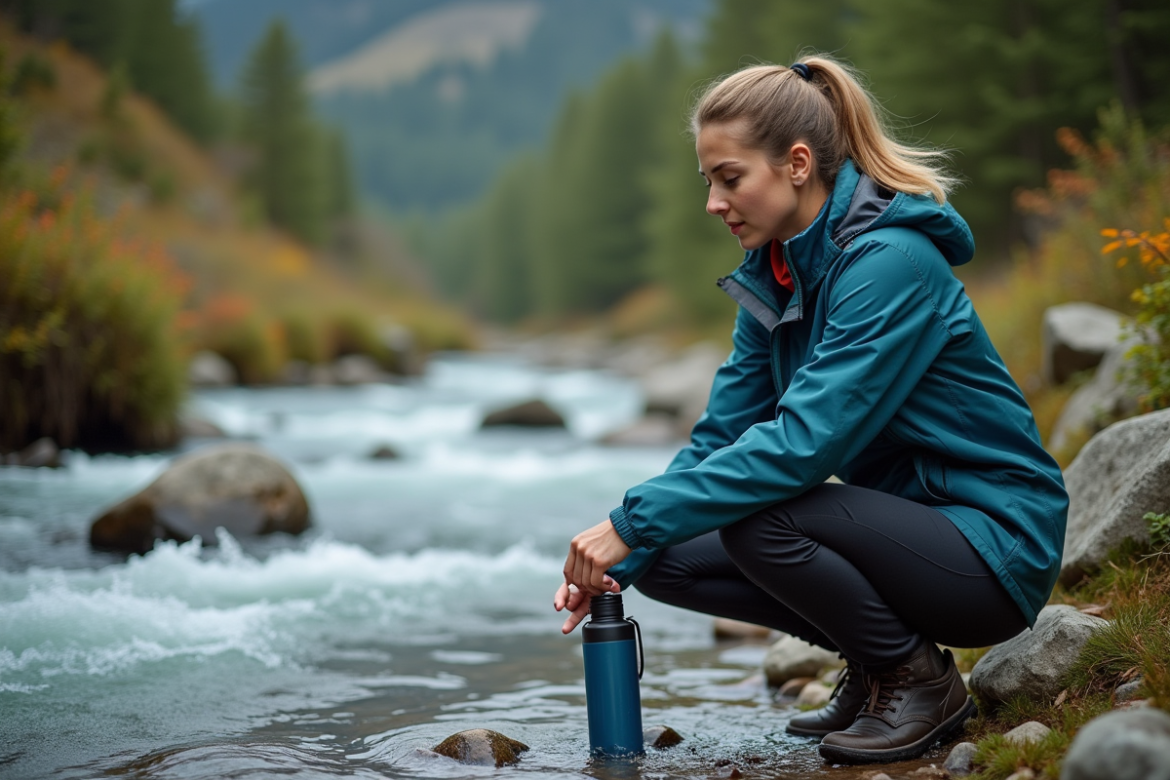 Jeune femme en randonnée utilisant un filtre à eau en nature