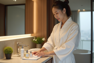 Femme japonaise examine des produits de toilette dans une salle de bain moderne