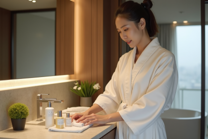 Femme japonaise examine des produits de toilette dans une salle de bain moderne