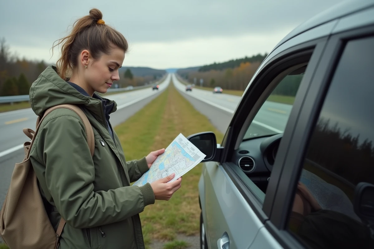 Jeune femme lisant une carte à une aire de repos