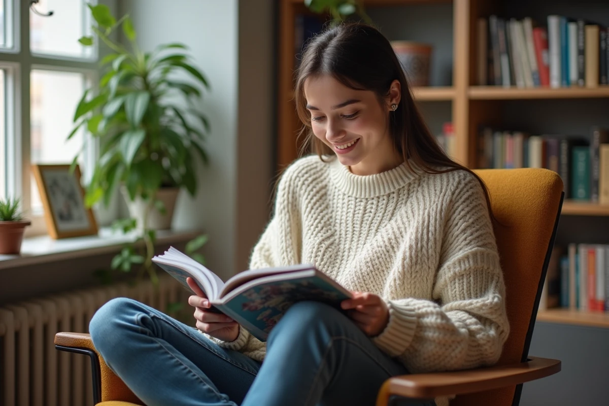 Jeune femme lisant un magazine d'art dans un appartement lumineux