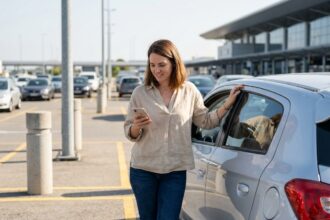 Femme comparant les prix de location de voiture sur son smartphone dans un parking d'aéroport