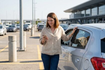 Femme comparant les prix de location de voiture sur son smartphone dans un parking d'aéroport