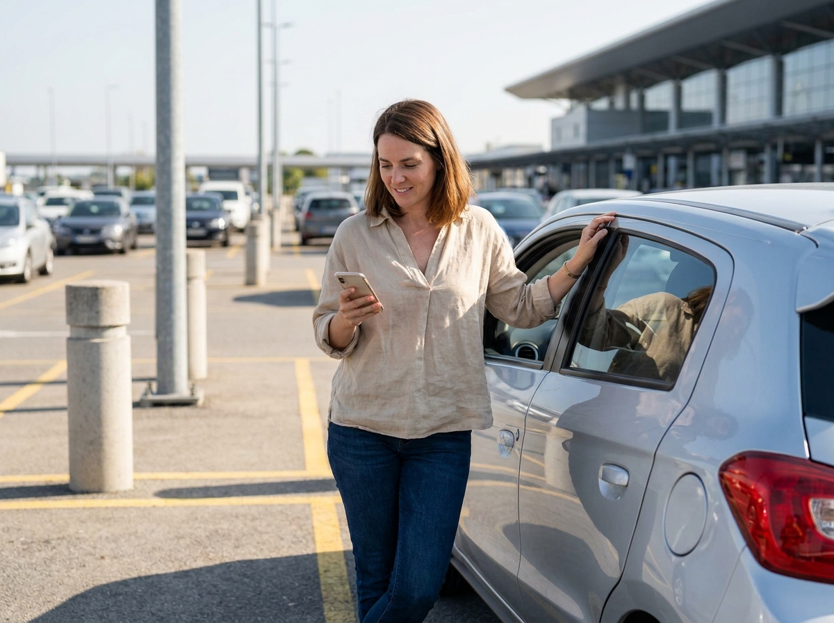 Femme comparant les prix de location de voiture sur son smartphone dans un parking d'aéroport