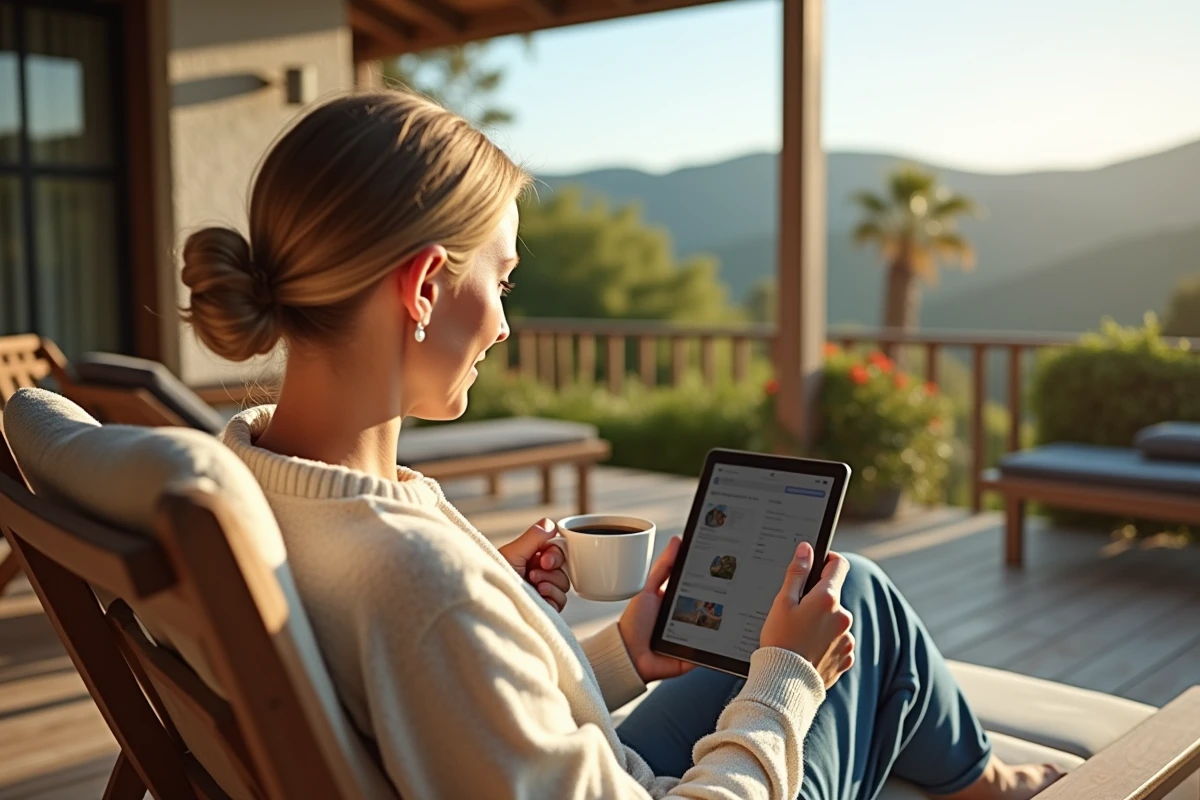 Femme détendue utilisant une tablette en extérieur