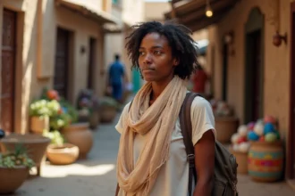 Femme en voyage devant un marché coloré de Zanzibar